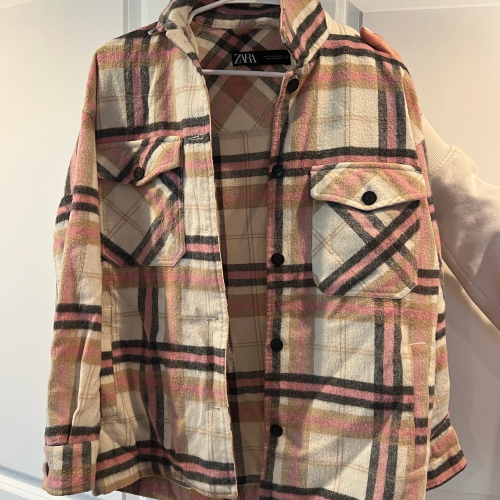 Zara Checkered Shirt Jacket in Pink and Cream